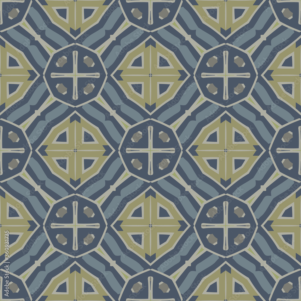  Trendy bright color seamless pattern in gold, blue and gray for decoration, paper wallpaper, tiles, textiles, neckerchief, pillows. Home decor, interior design, cloth design.