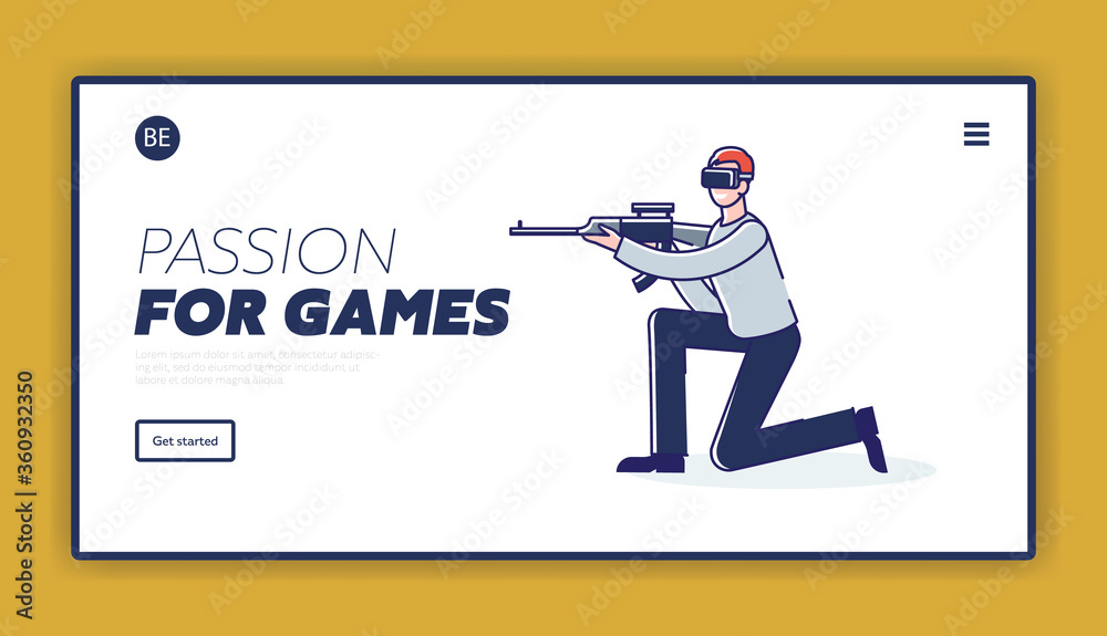 Landing page for vr and gaming concept. Man in goggles shoot from gun in augmented reality game