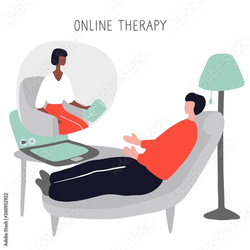 Man at session with psychologist talks about her problems. Online consultation of psychotherapist. Psychological treatment. Flat colored vector illustration
