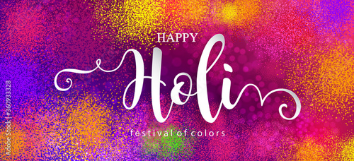 Colorful gulaal (powder color) indian festival for Happy Holi card with gold patterned and crystals on paper color Background.