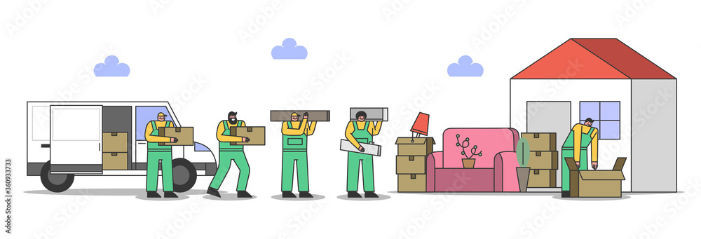 Home moving process with loaders carrying boxes and unloading truck. Delivery service concept Home moving process with loaders carrying boxes and unloading truck. Delivery service concept