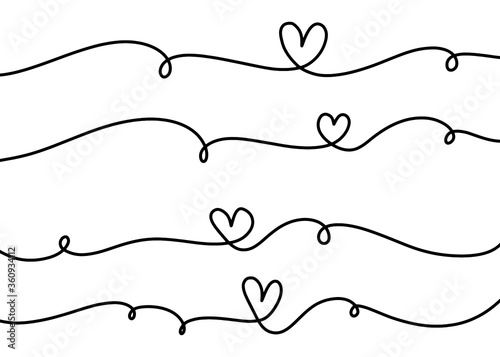 Set of 4 hand drawn heart with line. Heartbeat drawing. 