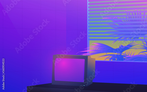 Vaporwave neon ambience room and vintage CRT TV with venetian blind windows and tropical palm tree, ultra violet nostalgic feelings