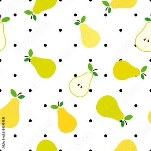 Pear flat design illustration seamless pattern with black polka dots background