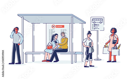 Group of people on bus station. Diverse cartoon characters waiting for bus on schedule station