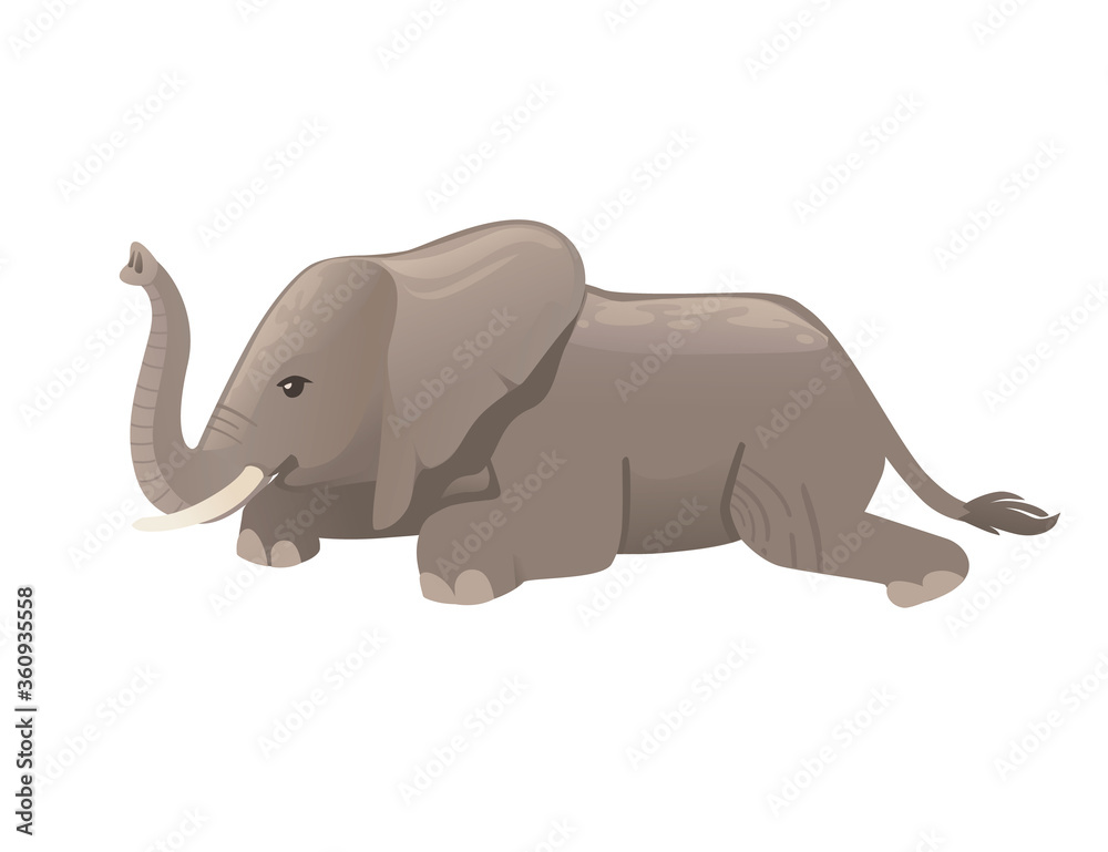 Cute adult elephant lying on the ground cartoon animal design flat vector illustration isolated on white background Cute adult elephant lying on the ground cartoon animal design flat vector illustration isolated on white background