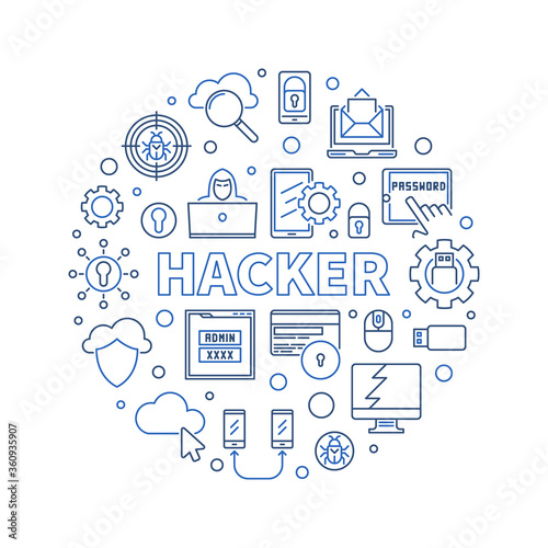 Hacker vector round Computer Security Technology concept illustration in thin line style