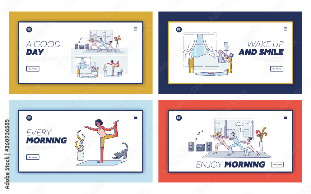 Set of landing pages with morning activities - waking up, doing yoga, stretching, exercising at home