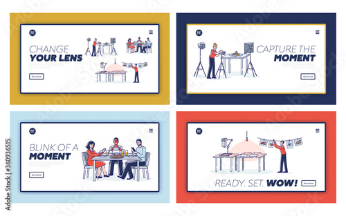 Set of landing pages for food photo courses or website with different people taking photos of food