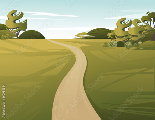 Landscape of countryside with dirt road green grass and trees cartoon design flat vector illustration