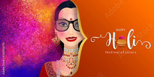 Colorful gulaal (powder color) indian festival for Happy Holi card with gold patterned and crystals on paper color Background.
