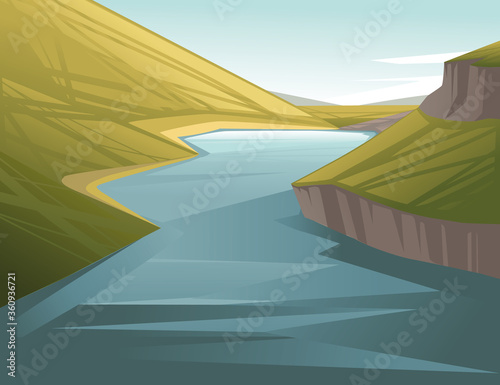 Landscape of countryside big river between the hills with green grass cartoon design flat vector illustration with clear sky and hills on background