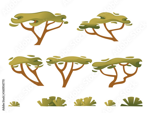 Set of green savanna flora plants trees grass and bushes flat vector illustration isolated on white background