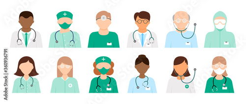 Set of 12 different diverse doctor icons in lab coats and scrubs with and without stethoscopes isolated on white, colored vector illustration