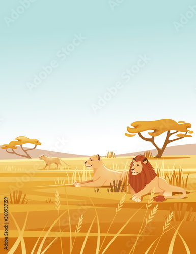 Landscape savanna background with clear sky yellow grass and tree lion family lying on ground flat vector illustration cartoon style vertical design