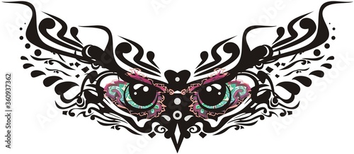 Beautiful flaming ornamental owl eyes. Abstract mystery owl head on a white background for carnival mask, tattoo, prints on t-shirts, textile, posters, decorative compositions, etc.