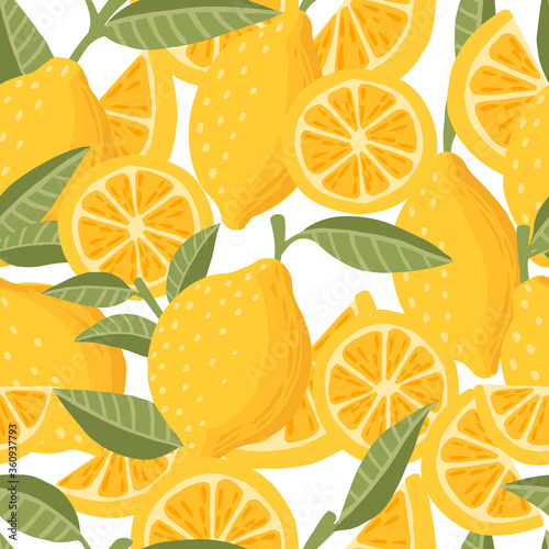 Seamless pattern of lemon citrus yellow fruit whole halved and sliced with green leaves flat vector illustration on white background