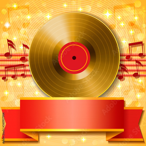 background with notes, red ribbon and gold vinyl record.