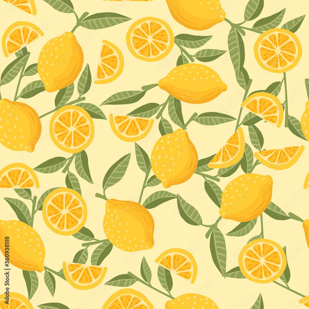 Seamless pattern of lemon citrus yellow fruit whole halved and sliced with green leaves flat vector illustration on beige background