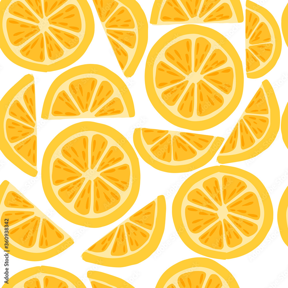 Seamless pattern of lemon citrus yellow fruit halved and sliced flat vector illustration on white background Seamless pattern of lemon citrus yellow fruit halved and sliced flat vector illustration on white background