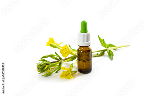 Billede på lærred Yellow blooming evening primrose (Oenothera) and a bottle with oil, medicinal pl