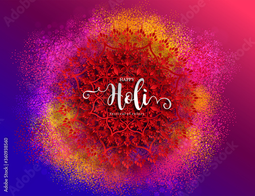 Colorful gulaal (powder color) indian festival for Happy Holi card with gold patterned and crystals on paper color Background.