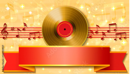  background with notes, red ribbon and gold vinyl record.