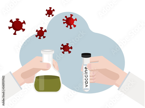 Vector illustration. Idea for medical healthcare. Doctor holding a test tube with vaccine in one hand and a flask tube with green liquid in another. There are viruses in the air around.