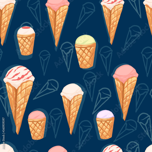 Seamless pattern of ice cream flavors in waffle cones with different color flat vector illustration on blue dotted background