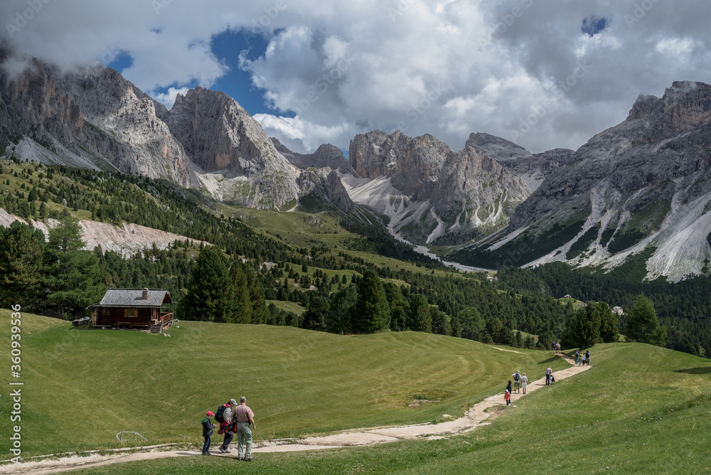 View of Puez-Odle mountain range as seen from Col Raiser, located on a plateau high above Gardena valley, accessed by cable car from St. Christina village, South Tirol, Dolomites, Italy.