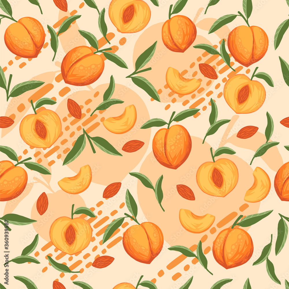 Seamless pattern of peach whole and sliced with green leaves flat vector illustration on beige background Seamless pattern of peach whole and sliced with green leaves flat vector illustration on beige background
