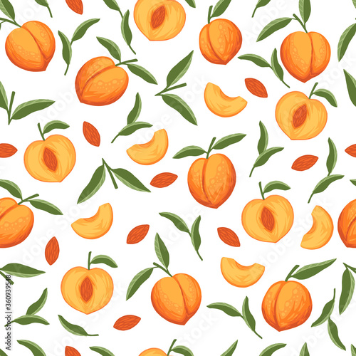 Seamless pattern of peach whole and sliced with green leaves flat vector illustration on white background