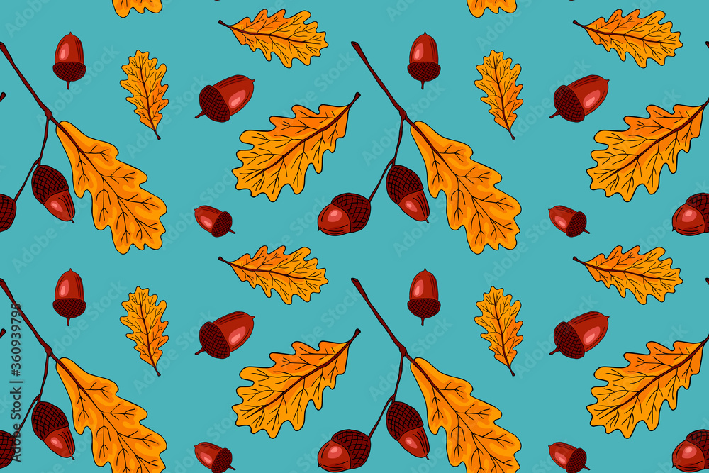 Vector seamless pattern with autumn sybmols, hand drawn doodle oak tree leaves, acorns, seasonal autumn backdrop. Good for graphic print, cafe menu or wrapping paper.