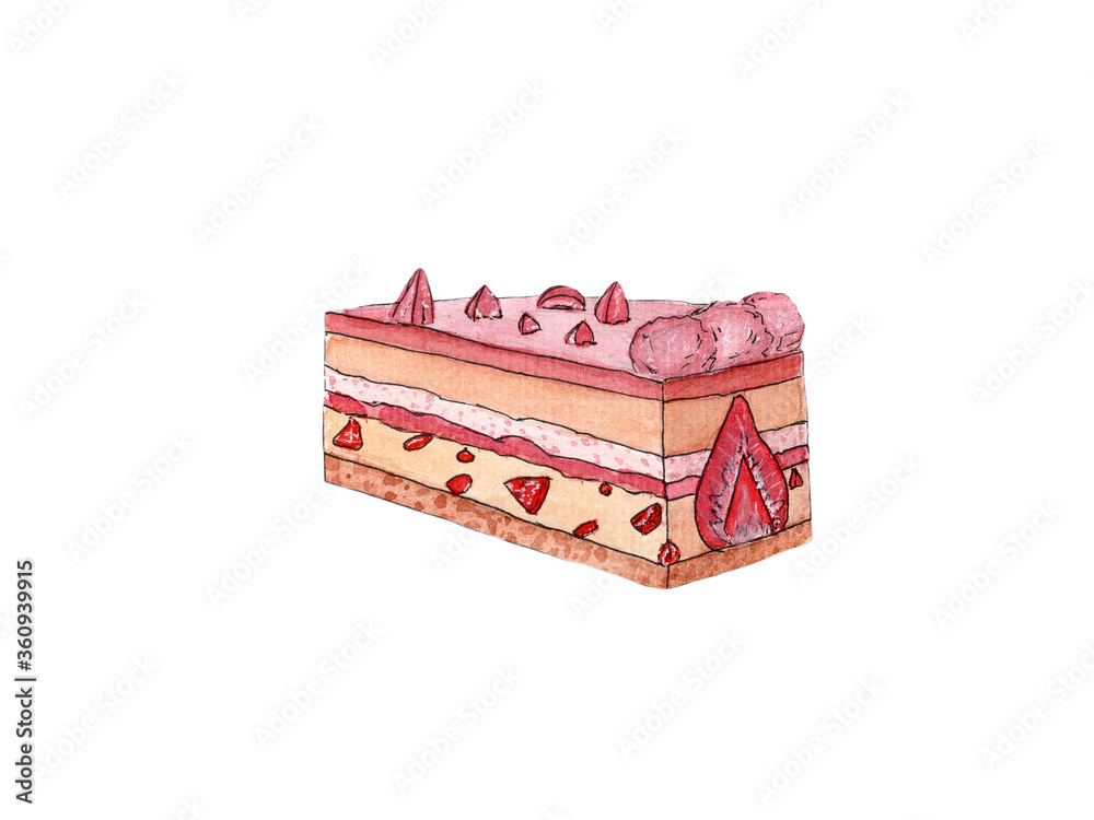 A piece of delicious strawberry cake isolated on a white background. Watercolor drawing for illustrations on the topic of food and desserts.
A piece of delicious strawberry cake isolated on a white background. Watercolor drawing for illustrations on the topic of food and desserts.