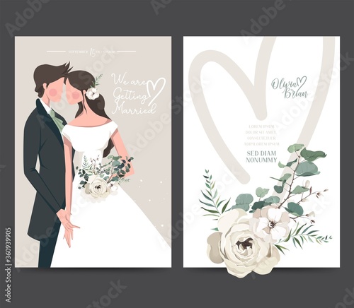 Wedding invitation design. Drawing bride and groom character, illustration, vector. Celebration, event, invitation, wedding dress, groom, romantic, pastel tones. Bridal flower bouquet, leave