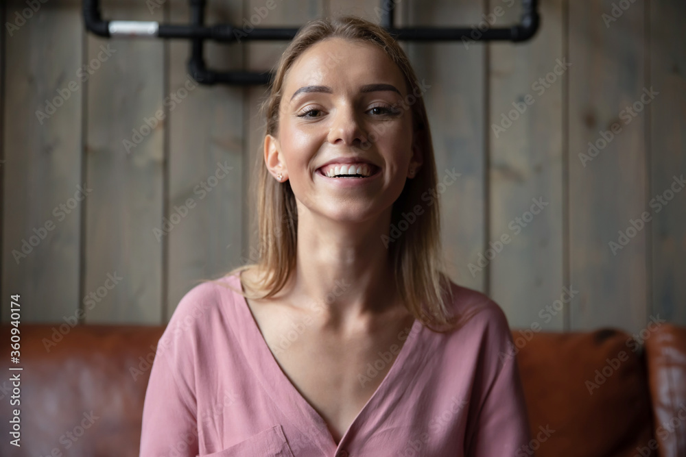Fototapeta premium Head shot woman use app modern tech pc screen view provide support to client by distant communication, vlogger record new vlog, girl enjoy informal chat by video call with friends, e-date user concept