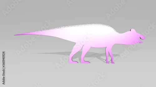 dinosaur made by 3D illustration of a shiny metallic sculpture on a wall with light background. animal and cartoon
