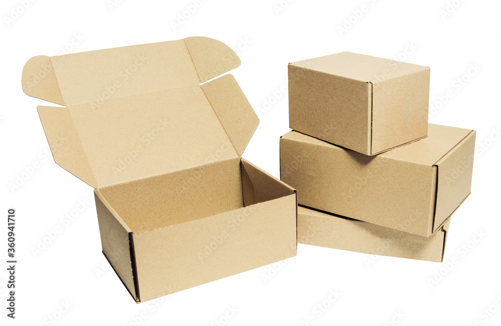 Packaging of goods, open and closed boxes in a stack Packaging of goods, open and closed boxes in a stack