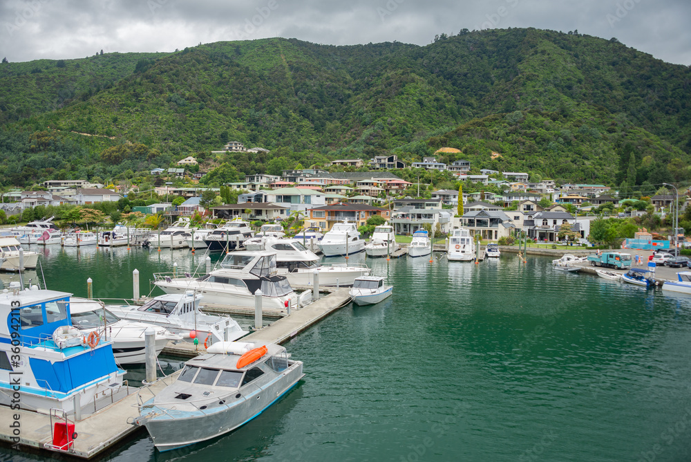 Marina in Picton, New Zealand on an overcast day.