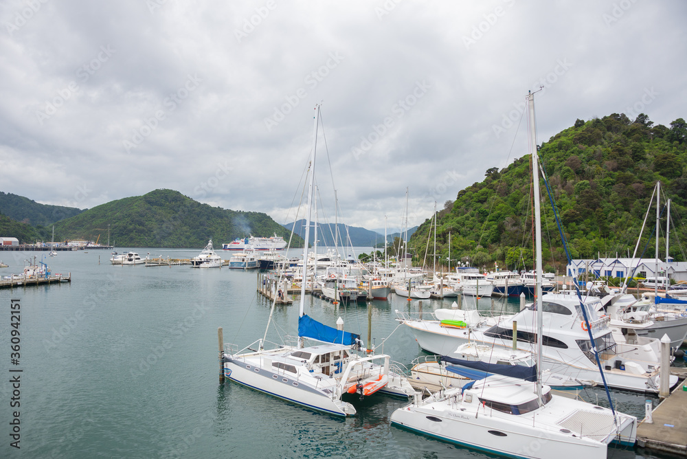 Marina in Picton, New Zealand on an overcast day.