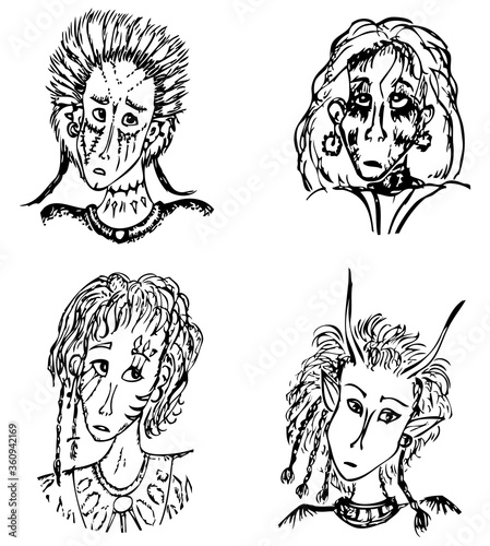 Vector drawings of portraits different young fictional witches