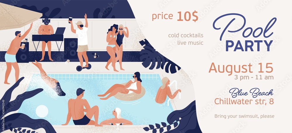 Pool party promo banner with place for text vector flat illustration. Announcement of summer entertainment event. People in swimsuits relaxing, dancing, swimming, drinking cocktails enjoy recreation - obrazy, fototapety, plakaty 