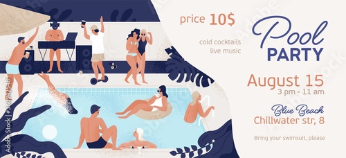 Pool party promo banner with place for text vector flat illustration. Announcement of summer entertainment event. People in swimsuits relaxing, dancing, swimming, drinking cocktails enjoy recreation