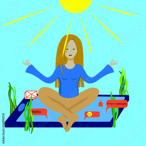 digital detox yoga illustration. girl sitting on the phone in lotus position not paying attention to many messages
