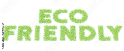 ECO FRIENDLY text made with green grass on white background, 3D rendering photo