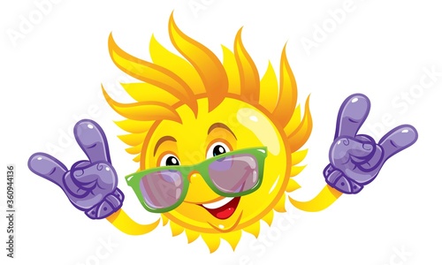 Cartoon rock the sun with a Mohawk from the beams, throwing his hands in the rays while wearing gloves. Punk the sun. Rock-n-roll. Vector.