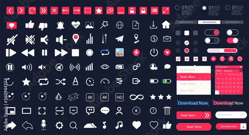 Icon set UI, UX kit for mobile applications and websites. Universal user interface template with responsive design, tools and buttons.  Web design widget collection for mobile application interface