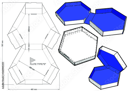 Hexagonal self assembly packaging and Die-cut Pattern. The .eps file is full scale and fully functional. Prepared for real cardboard production.