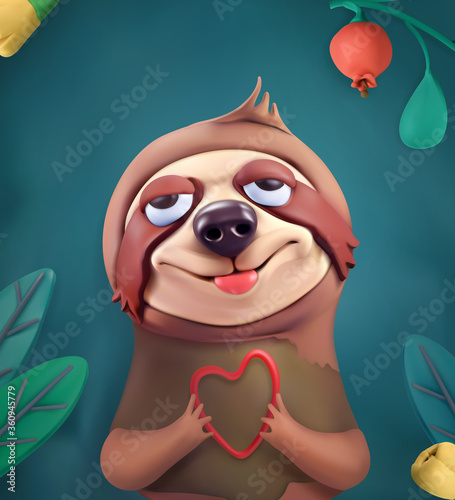 Sloth cartoon character. Cute animals 3d vector plasticine art illustration. Greeting card