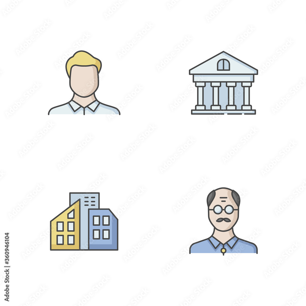 Business RGB color icons set. Man avatar. Middle age businessman. Bank account. Real estate. Private property. Office buildings. Older corporate employee. Isolated vector illustrations Business RGB color icons set. Man avatar. Middle age businessman. Bank account. Real estate. Private property. Office buildings. Older corporate employee. Isolated vector illustrations